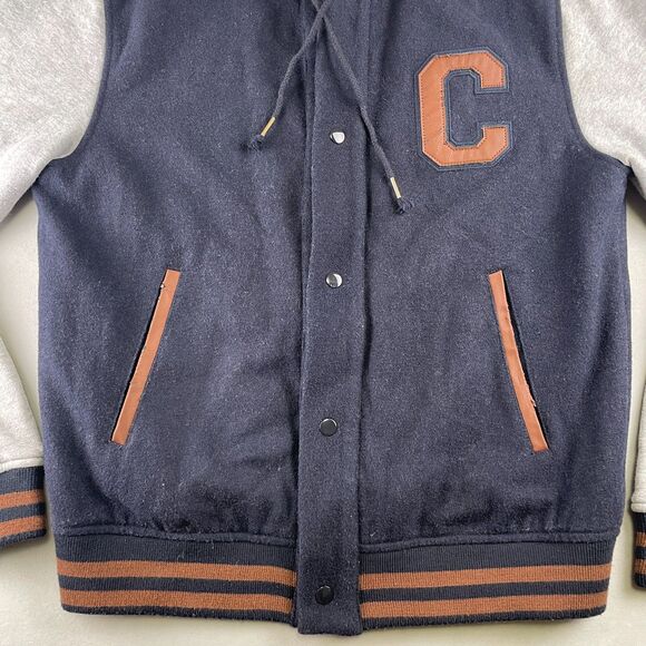 Champion Jacket Men M Navy Gray Hooded Varsity Letterman College Wool Blend Snap - Picture 3 of 11